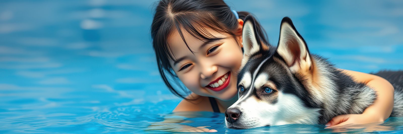 Young girl enjoys playful moment with her husky dog in a bright blue swimming pool during sunny summer day